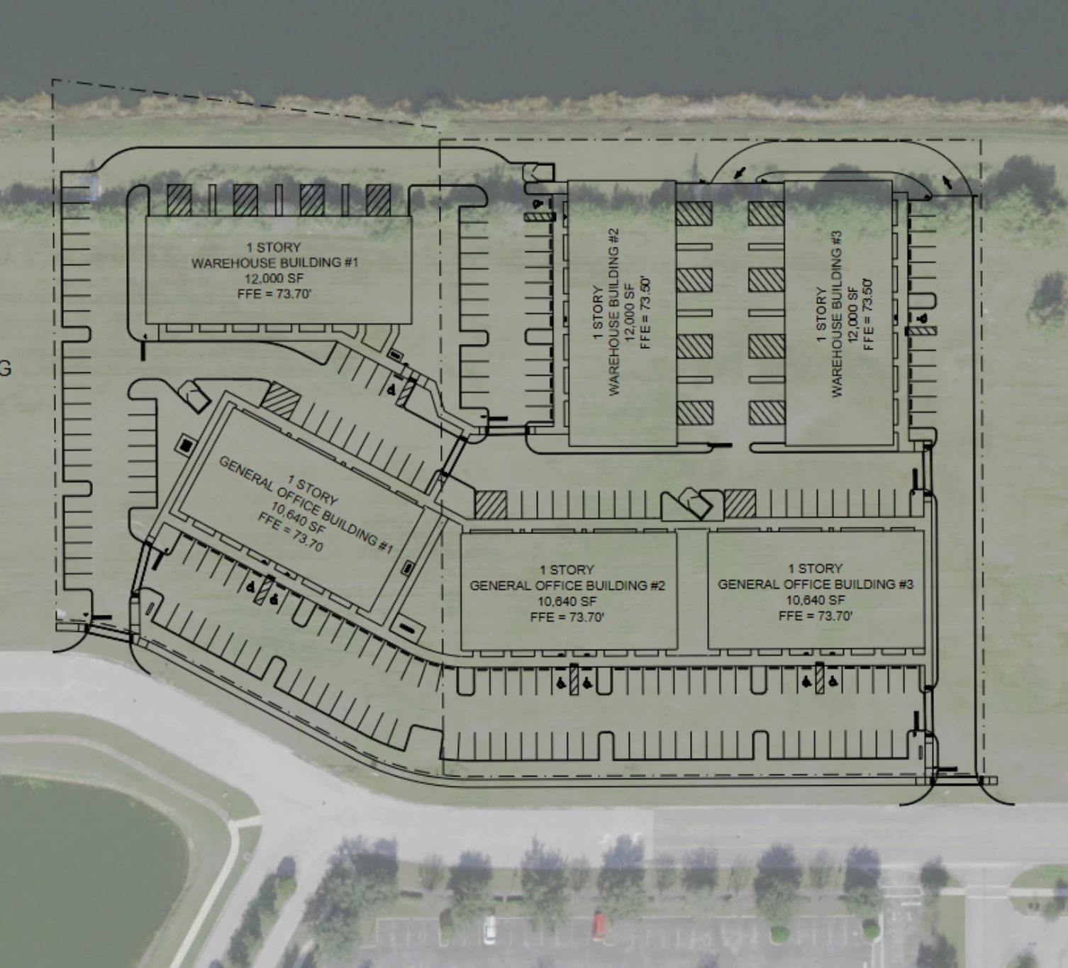 Supplied site plan with three warehouse buildings and three general office buildings